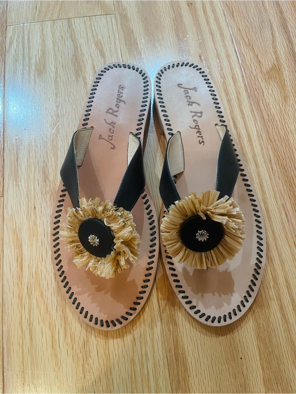 Jack Rogers Black Sandal with Natural Raffia Pom Accent